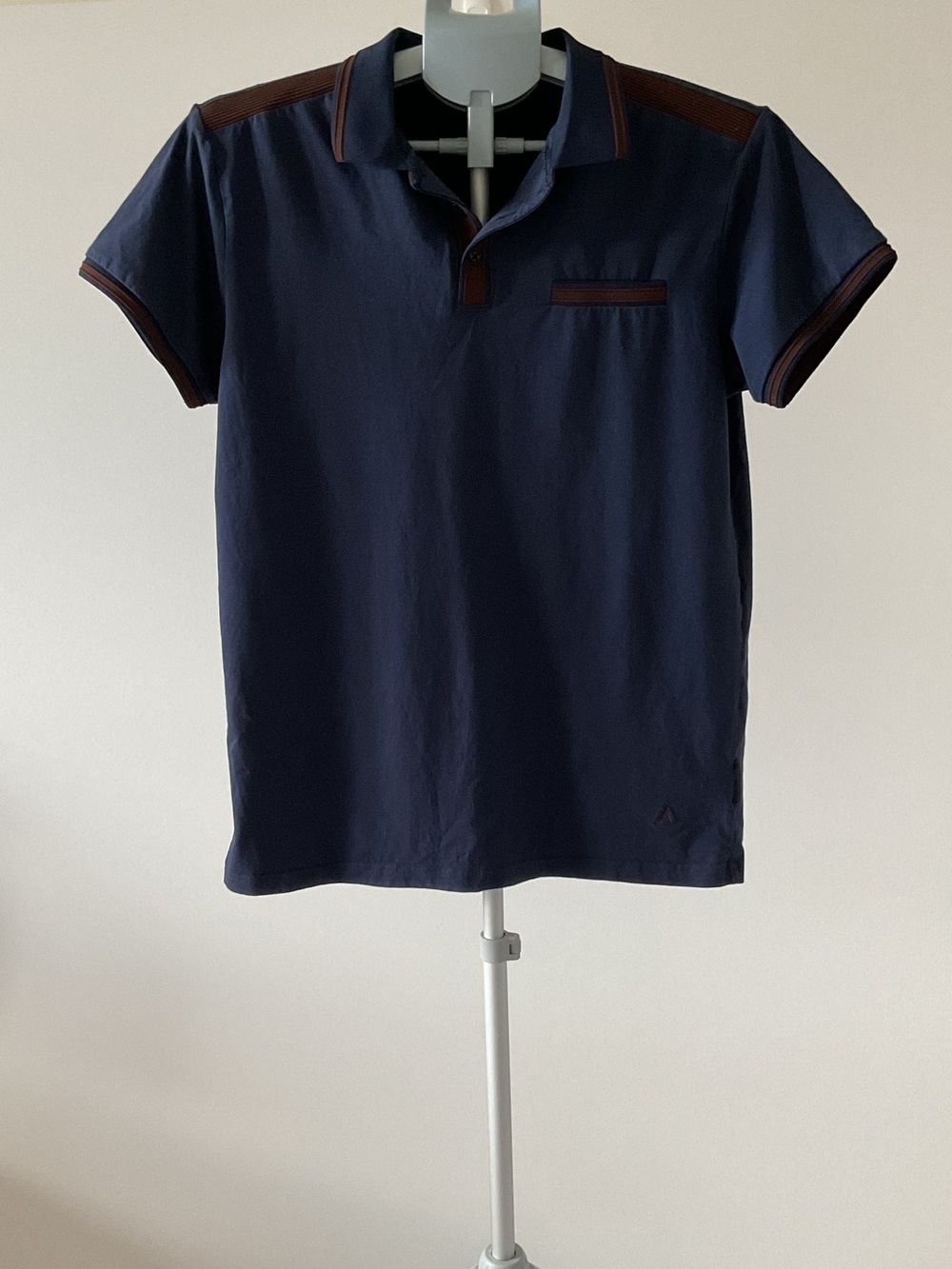 Marc Asher New York Men's Navy Polo Shirt Brown Trip Short Sleeve Small